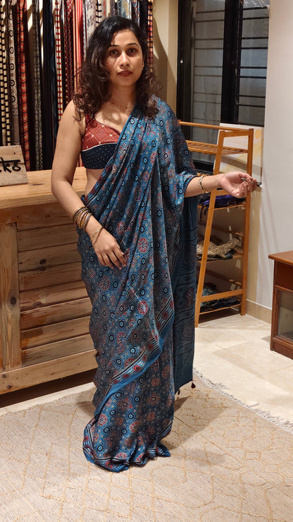 NEELKAMAL - Indigo Ajrakh Hand Block Printed Modal Silk Saree - Earthy Blocks