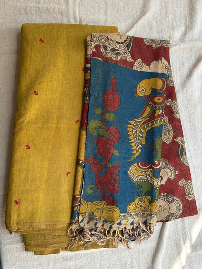 Mustard Mangalgiri Handloom Suit Set with Kalamkari Dupatta