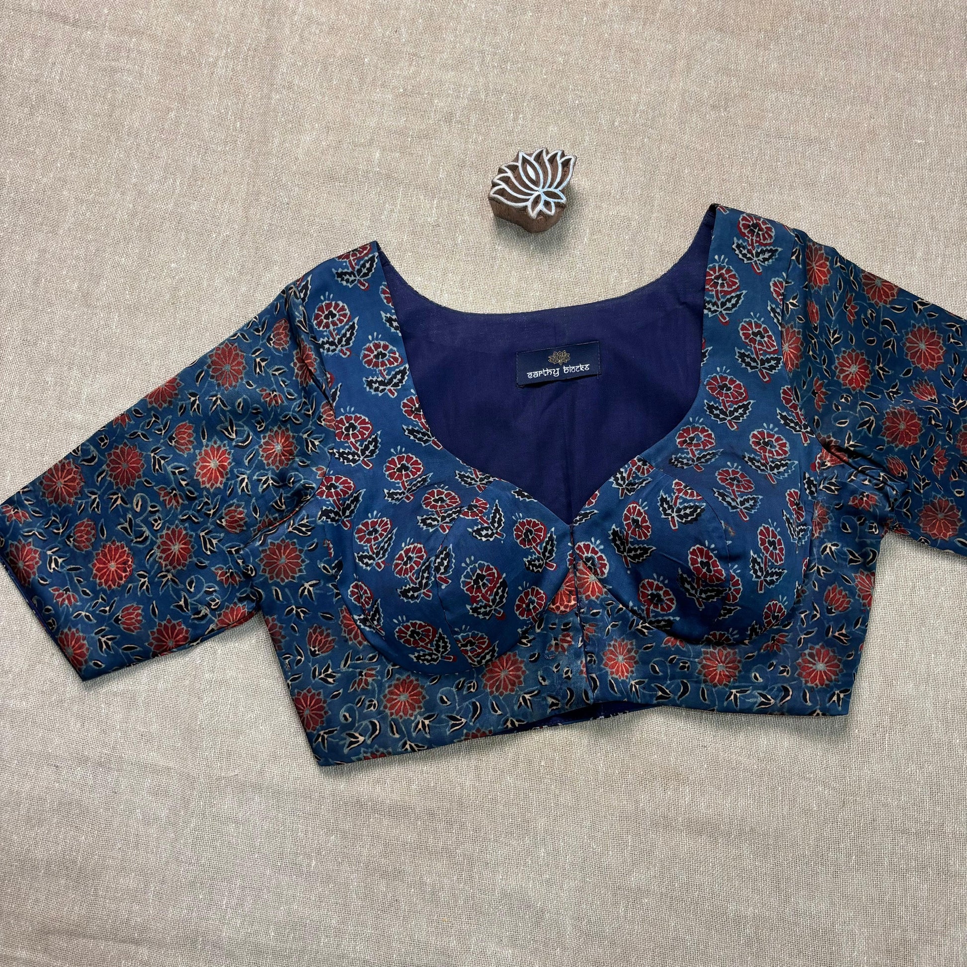Indigo Floral Printed Ajrakh Modal Silk Blouse - Earthy Blocks