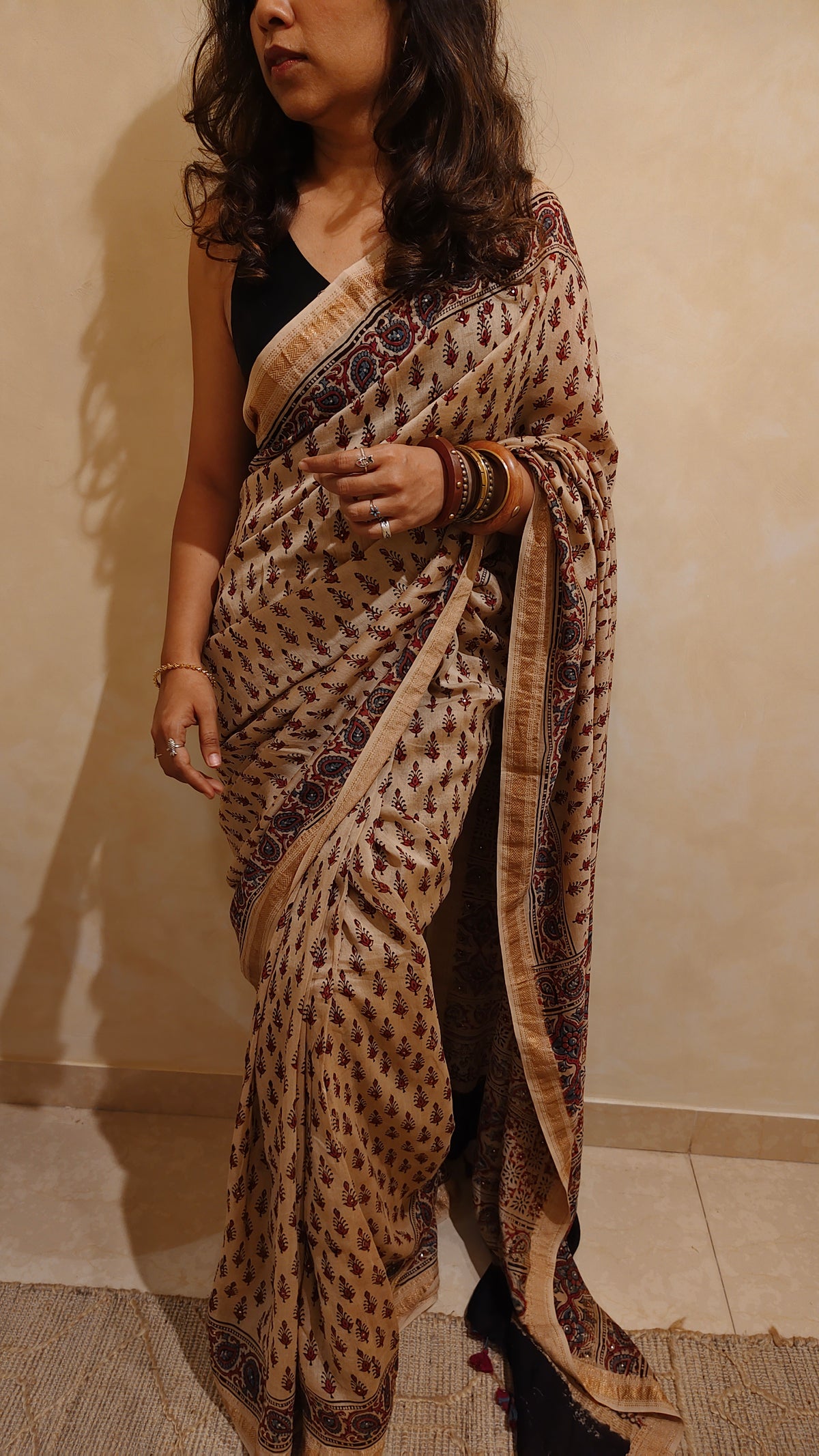 Beige Chanderi Ajrakh hand block printed saree with hand-worked badla | Earthy Blocks