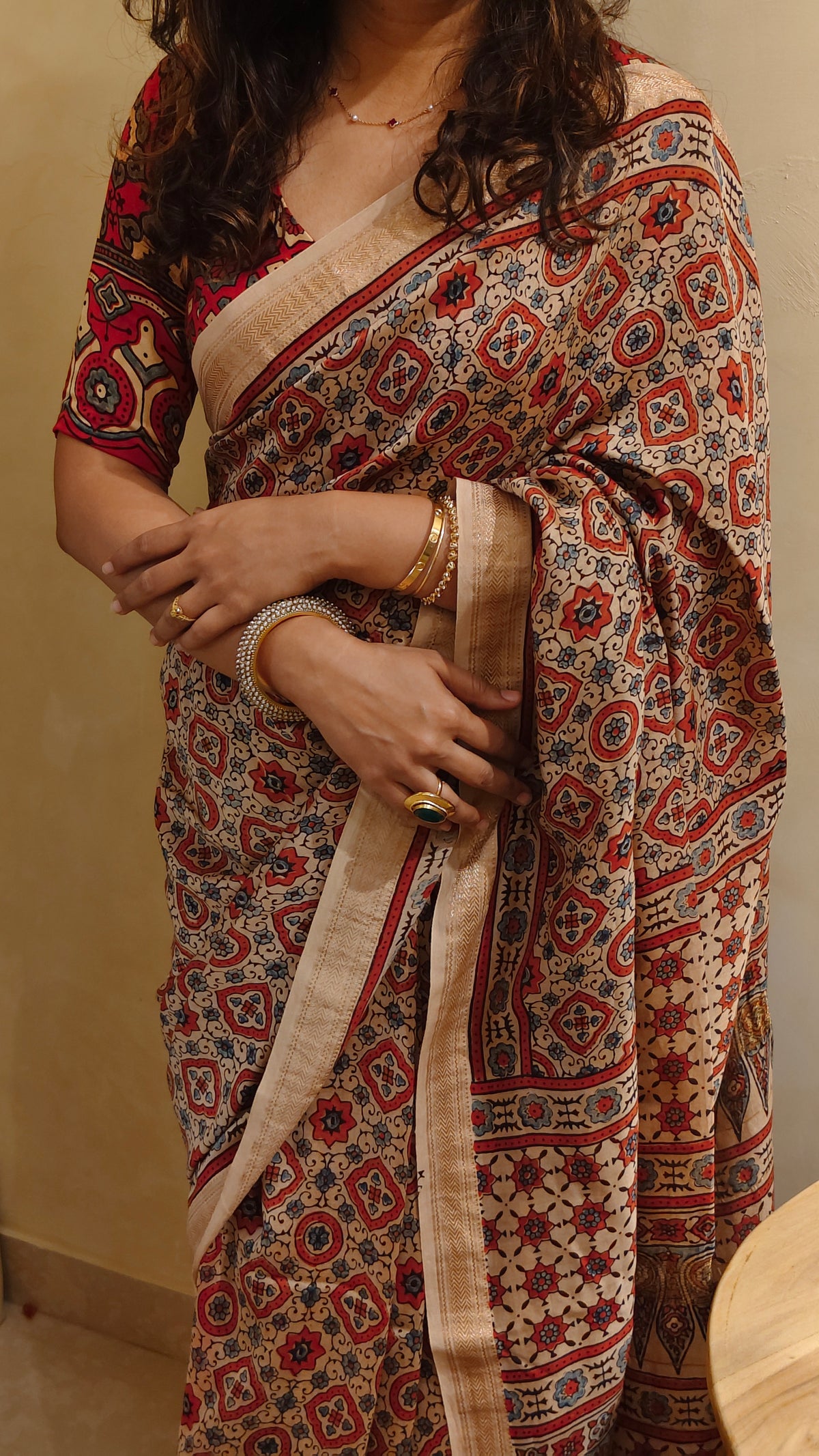 Jaal — Floral Ajrakh Hand Block Printed Maheshwari Silk Saree