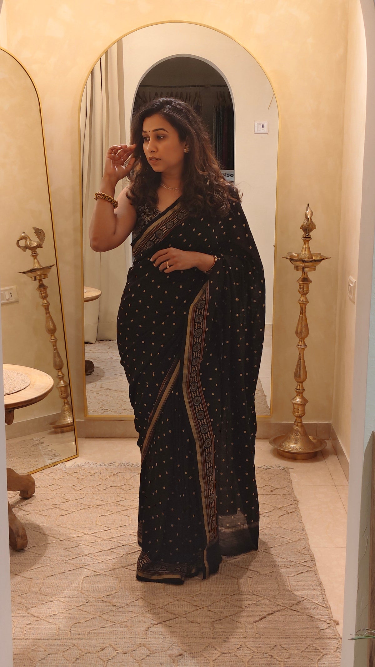 Bindu —Black polka dots Ajrakh Hand Block Printed Chanderi Saree
