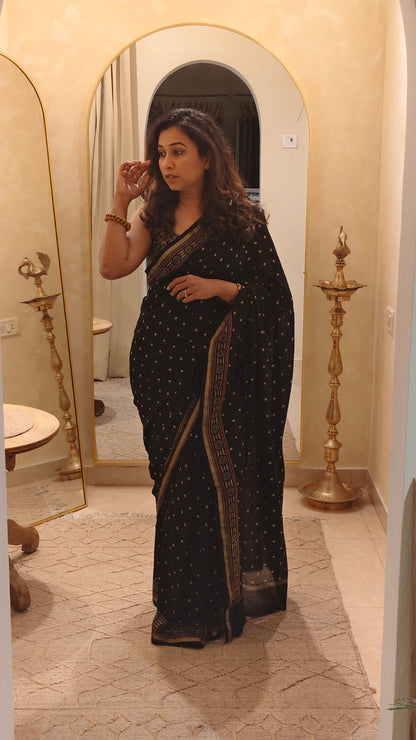 Bindu —Black polka dots Ajrakh Hand Block Printed Chanderi Saree
