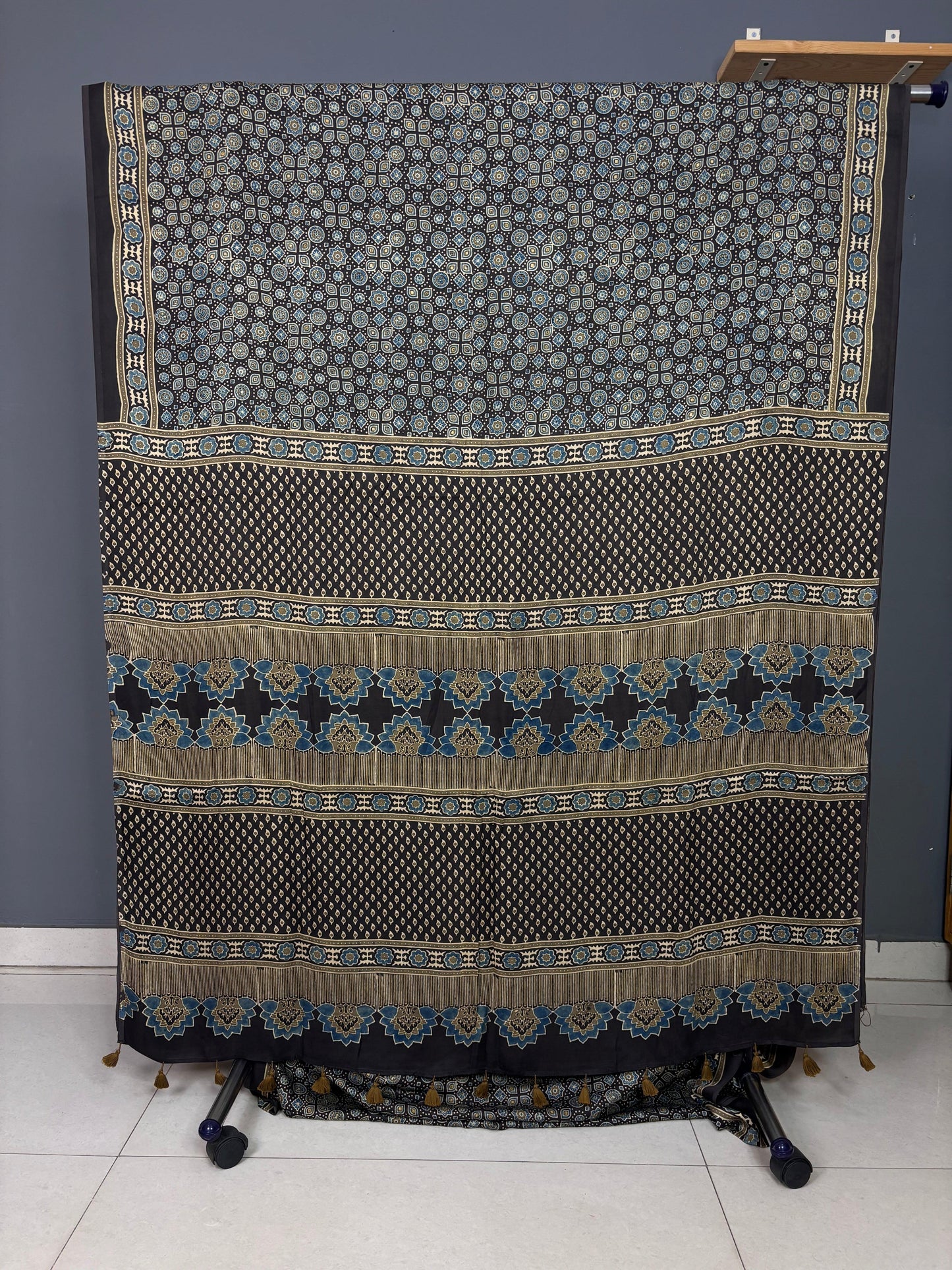 Mehendi Green & Black Ajrakh hand block Printed Modal Silk Saree - Earthy Blocks