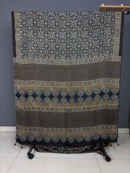 Mehendi Green & Black Ajrakh hand block Printed Modal Silk Saree - Earthy Blocks