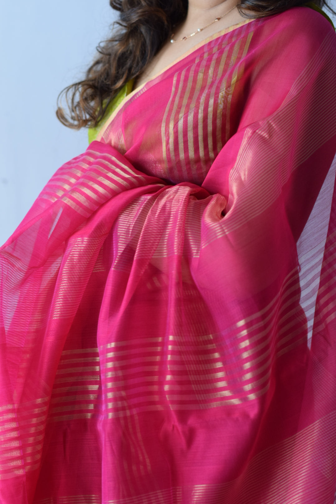 GEHNA — Rani Pink Gold Stripe Chanderi Silk Cotton Saree