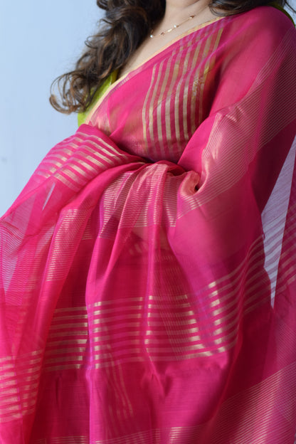 GEHNA — Rani Pink Gold Stripe Chanderi Silk Cotton Saree