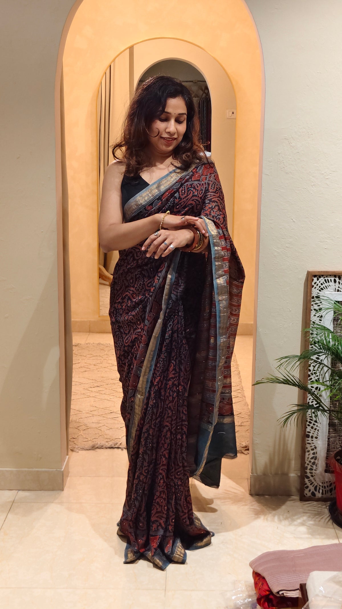 Greyish blue Chanderi Jahota print saree | Earthy Blocks