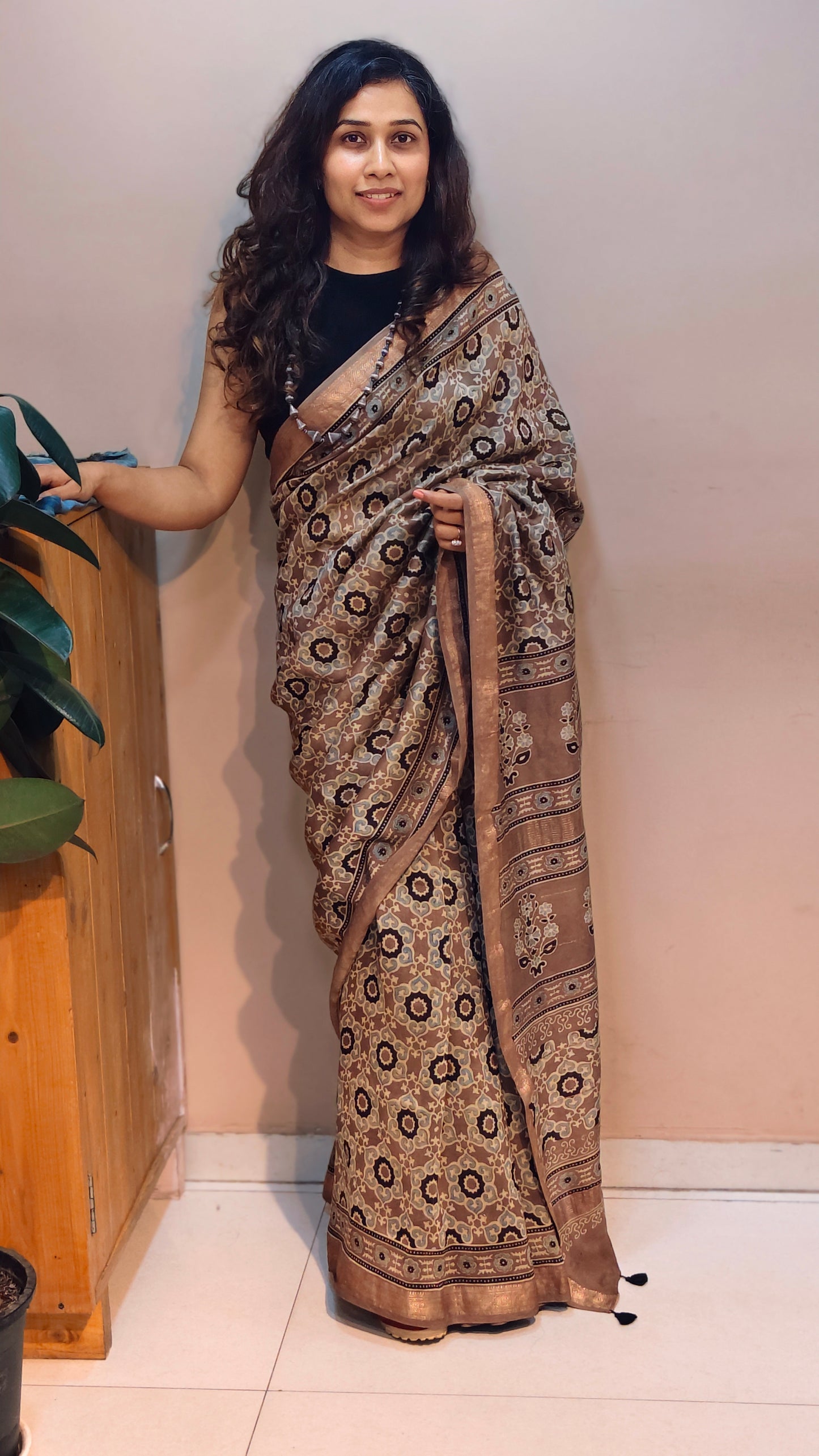 SHAAM — Brown Ajrakh Hand Block Printed Maheshwari Saree