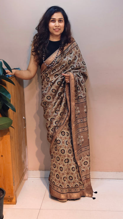 SHAAM — Brown Ajrakh Hand Block Printed Maheshwari Saree
