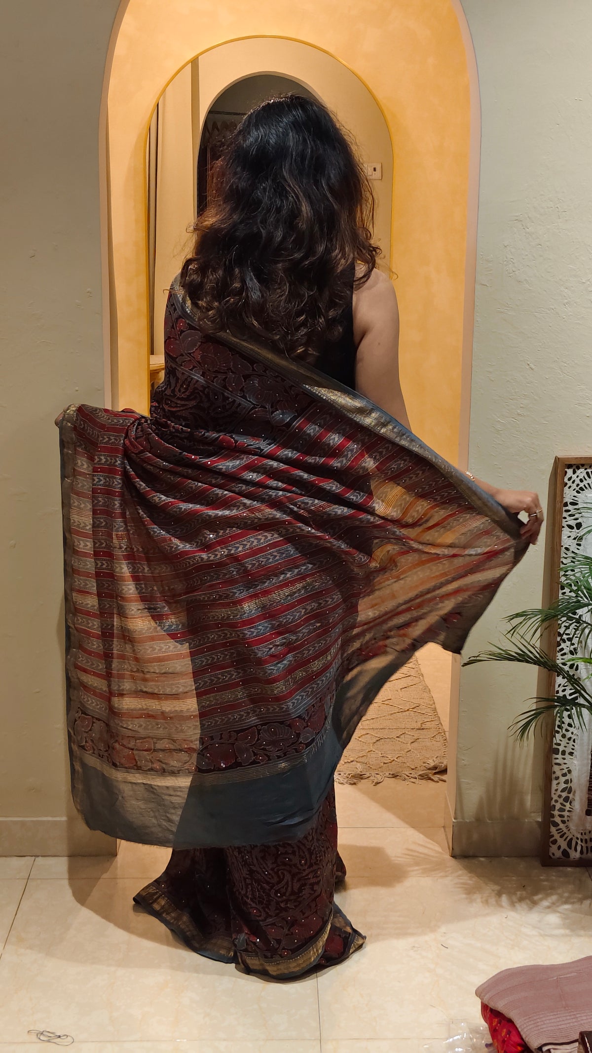 Greyish blue Chanderi Jahota print saree | Earthy Blocks