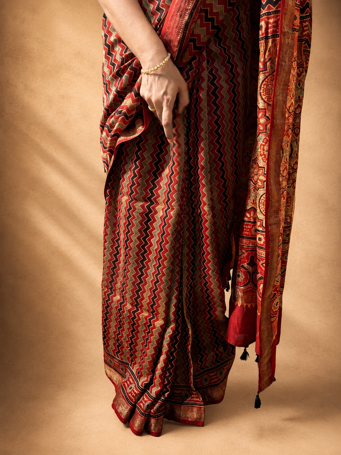 LEHER Red Chevron Ajrakh Hand Block Printed Maheshwari Saree - Earthy Blocks