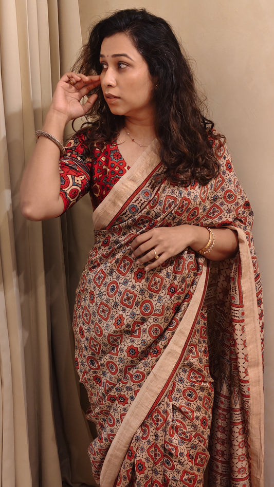 Jaal — Floral Ajrakh Hand Block Printed Maheshwari Silk Saree