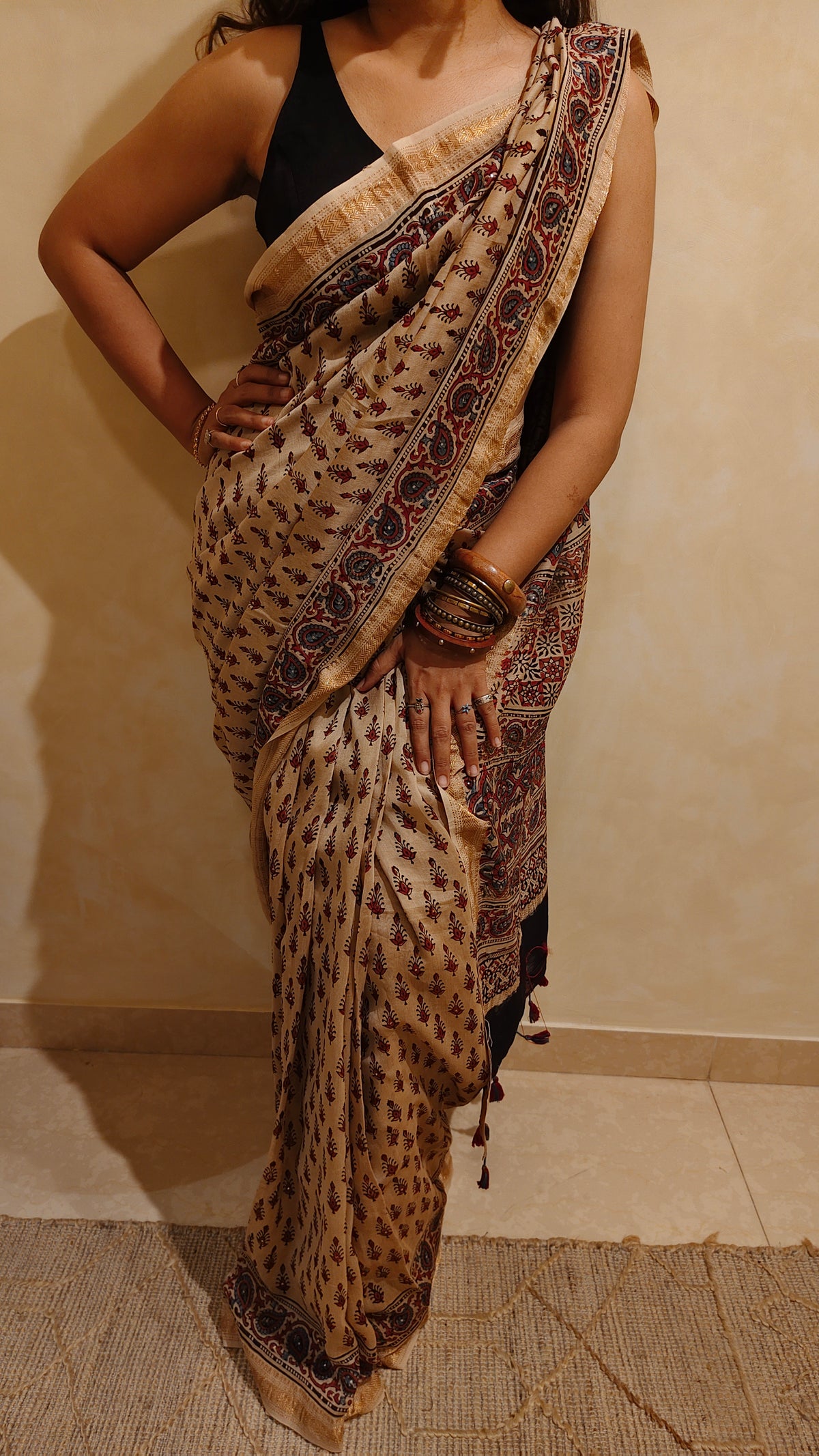 Beige Chanderi Ajrakh hand block printed saree with hand-worked badla | Earthy Blocks