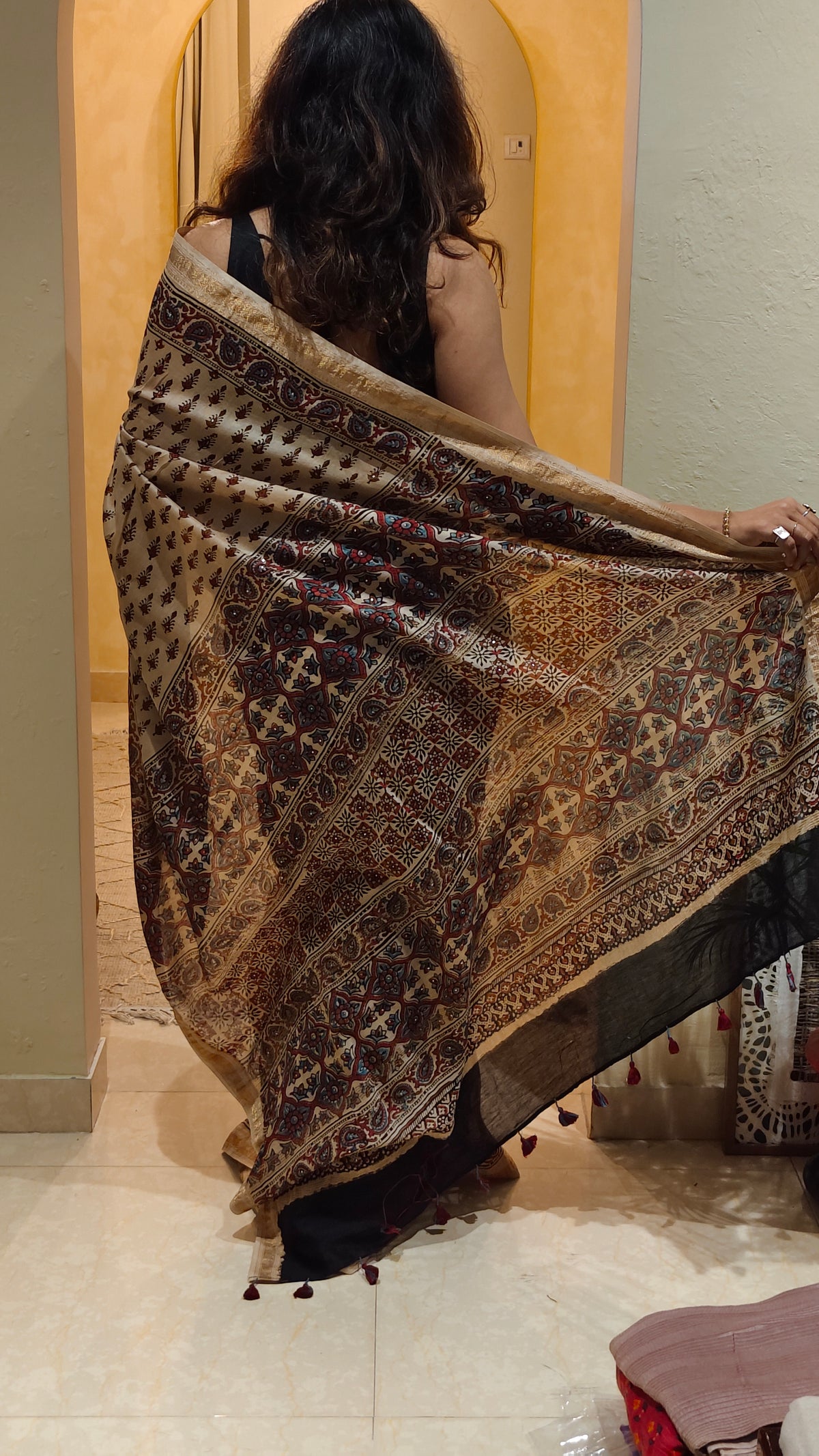 Beige Chanderi Ajrakh hand block printed saree with hand-worked badla | Earthy Blocks