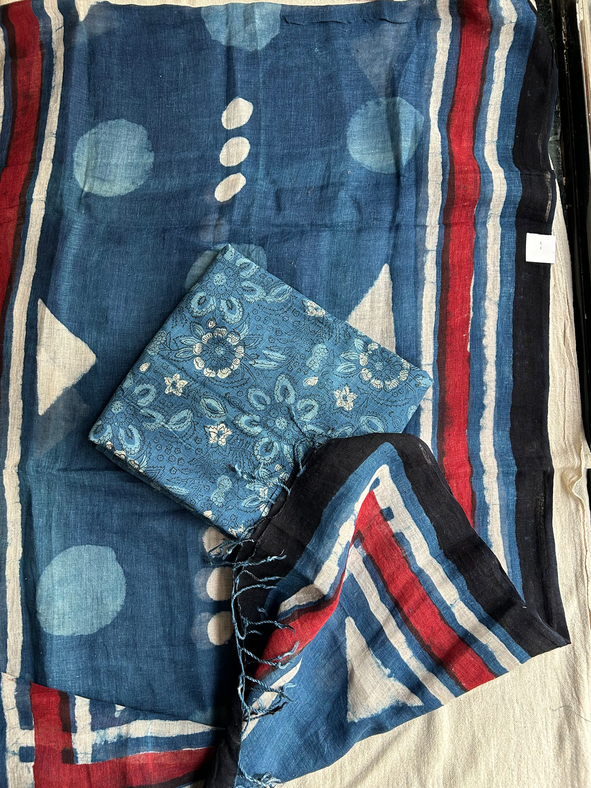 Indigo Floral Block Print Unstitched Suit Set | Cotton Kurta, Cotton Pants & Linen Dupatta