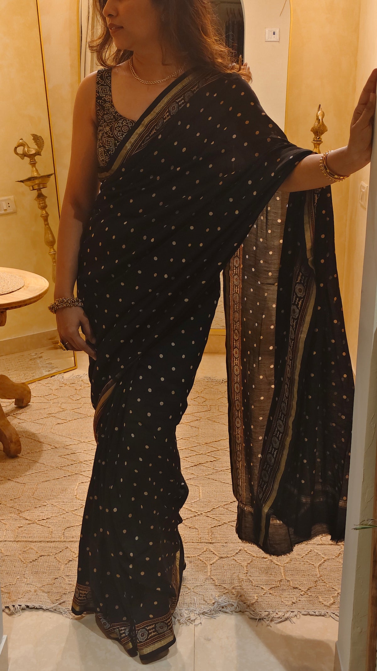 Bindu —Black polka dots Ajrakh Hand Block Printed Chanderi Saree