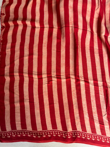 LAAL LEHREN — Red & Beige Stripes Ajrakh Modal Silk Saree