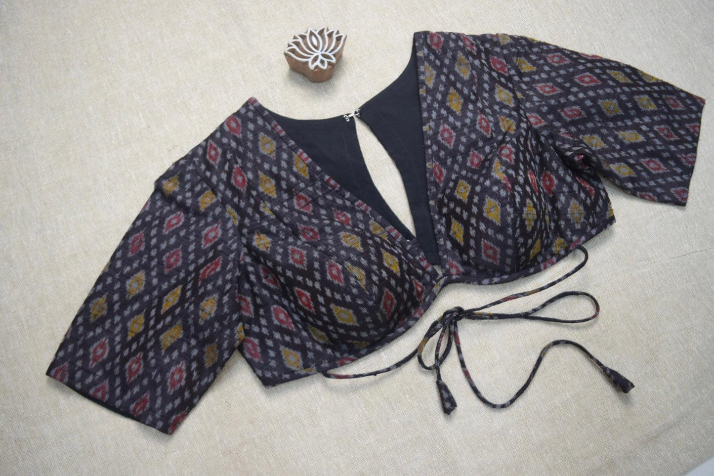 Black Handloom Ikkat Raw Silk Blouse - Earthy Blocks