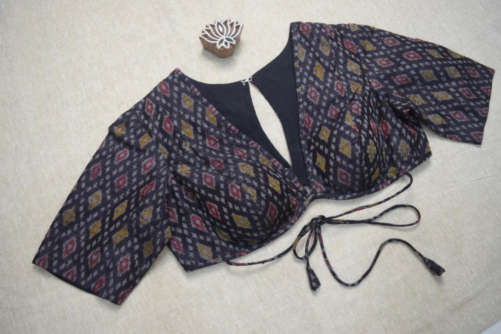 Black Handloom Ikkat Raw Silk Blouse - Earthy Blocks