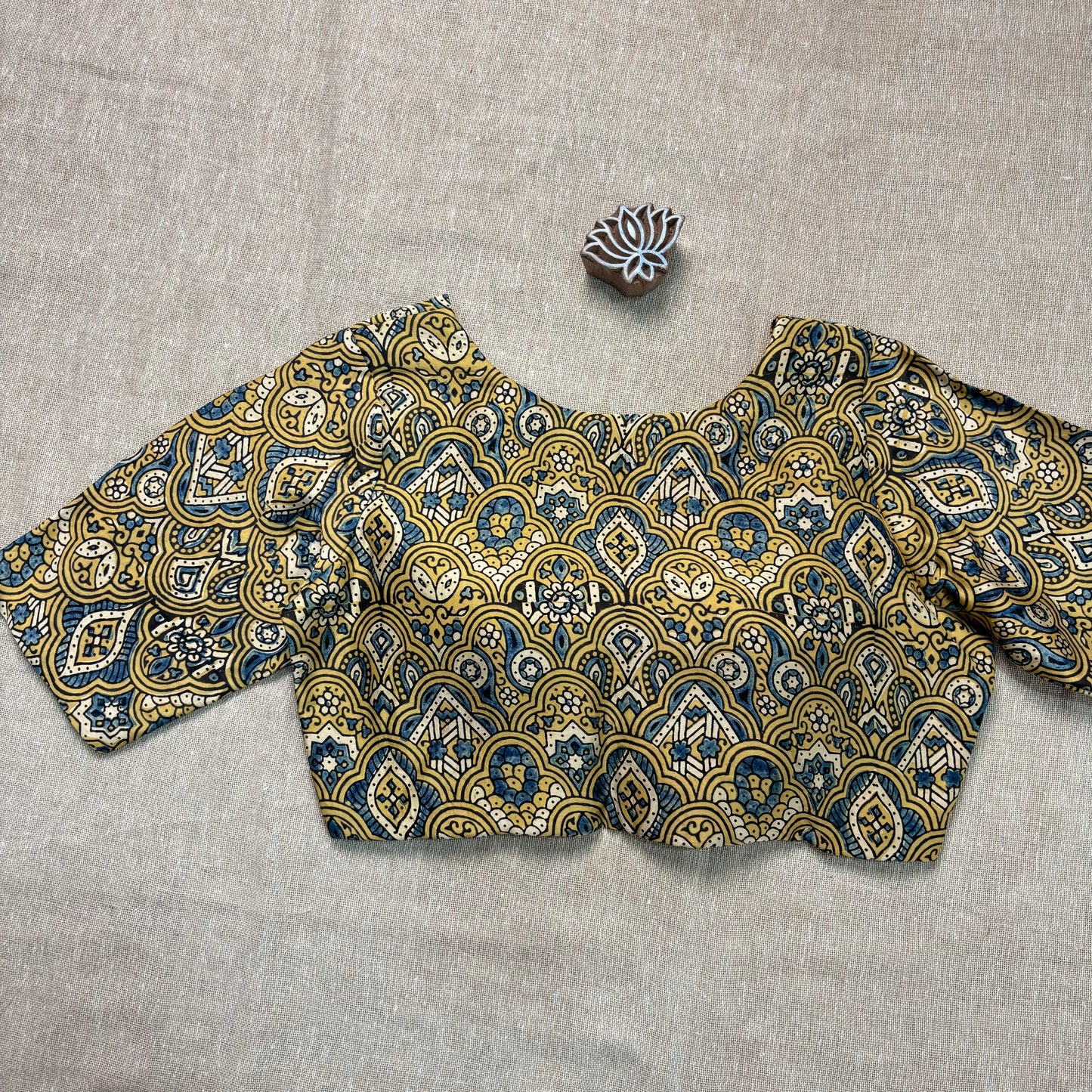 Yellow Ajrakh modal silk blouse with sleeves - Earthy Blocks