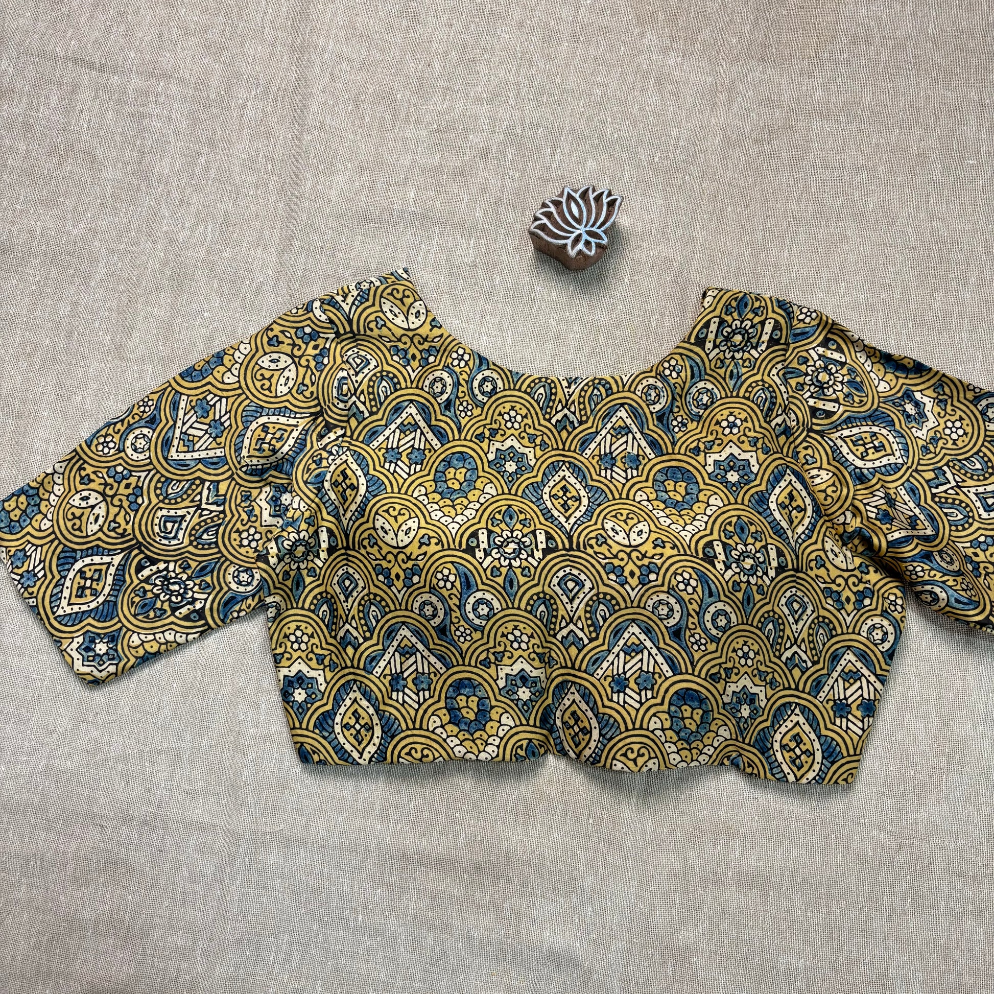 Yellow Ajrakh modal silk blouse with sleeves - Earthy Blocks