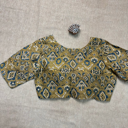 Yellow Ajrakh modal silk blouse with sleeves - Earthy Blocks