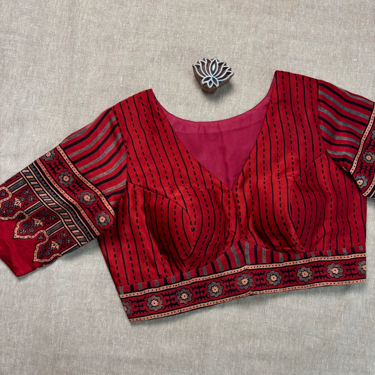 Red Ajrakh Modal Silk Blouse - Earthy Blocks