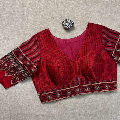 Red Ajrakh Modal Silk Blouse - Earthy Blocks