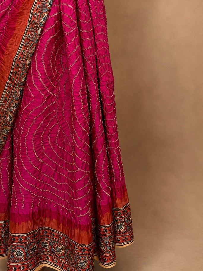 GULABO Rani Pink Ajrakh Bandhani Pure Gaji Silk Saree - Earthy Blocks
