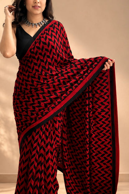 INFINITY — Red & Black Ajrakh Geometric Hand Block Printed Modal Silk Saree