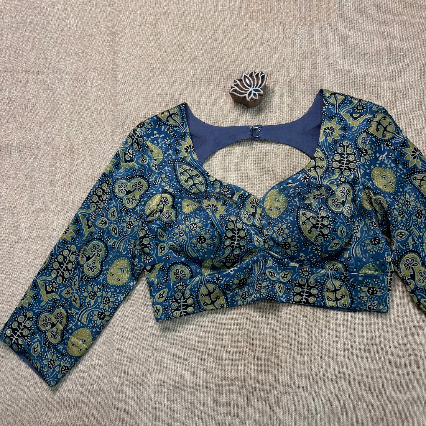 Indigo Ajrakh Modal Silk Blouse - Earthy Blocks
