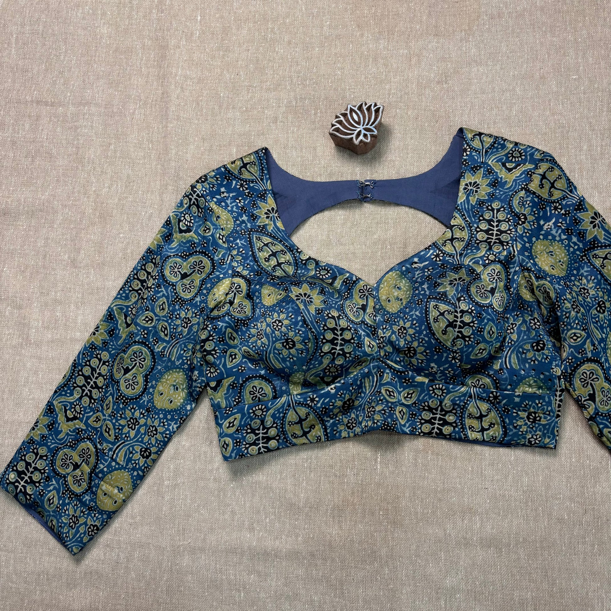 Indigo Ajrakh Modal Silk Blouse - Earthy Blocks