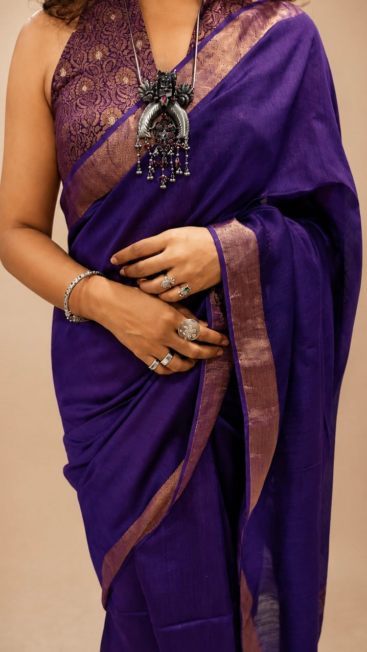 KUMUD — Deep Purple Munga Silk Saree with Gold Border & Pallu