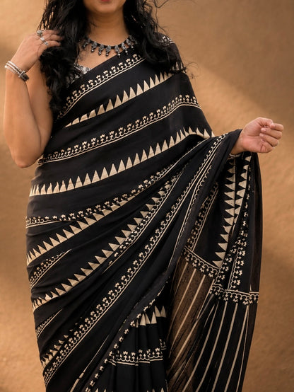 RAAT Black Ajrakh Hand Block Printed Modal Silk Saree - Earthy Blocks