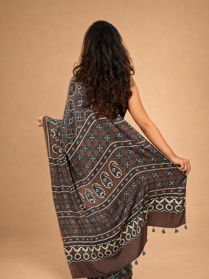 KHAAKI — Brown Ajrakh Hand Block Printed Modal Silk Saree