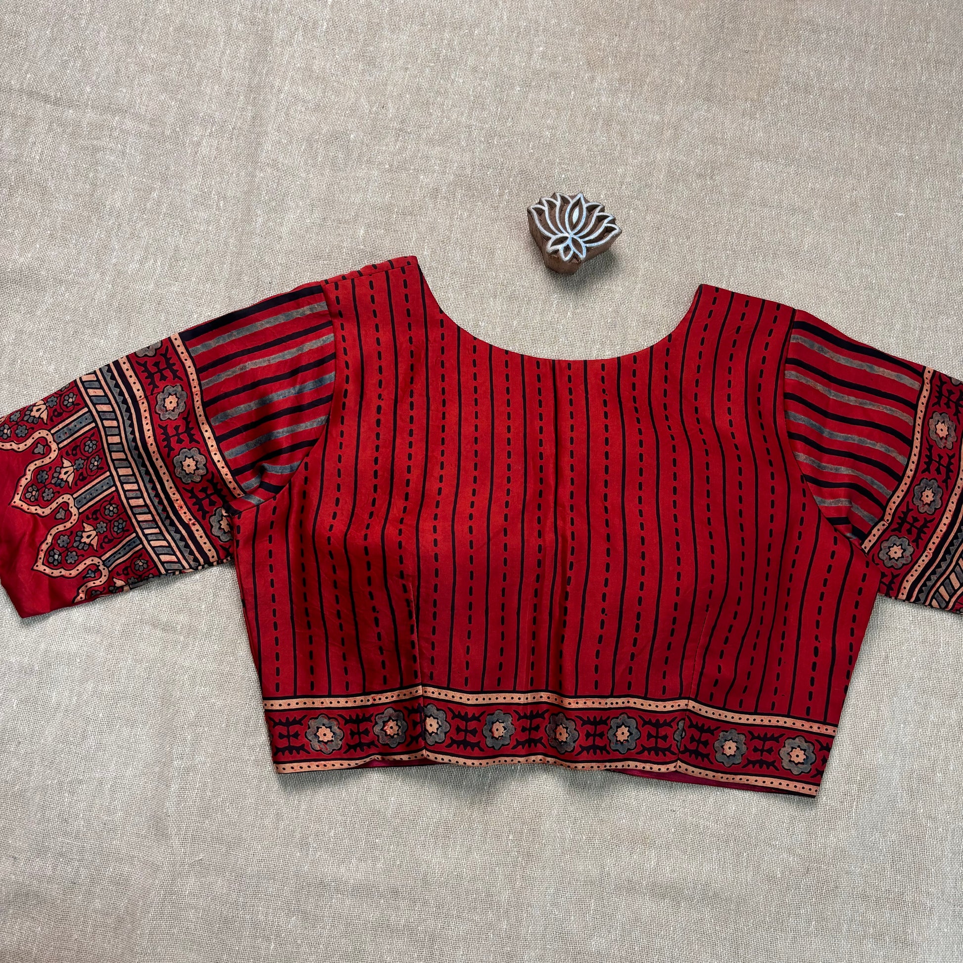 Red Ajrakh Modal Silk Blouse - Earthy Blocks