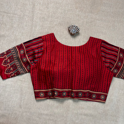 Red Ajrakh Modal Silk Blouse - Earthy Blocks