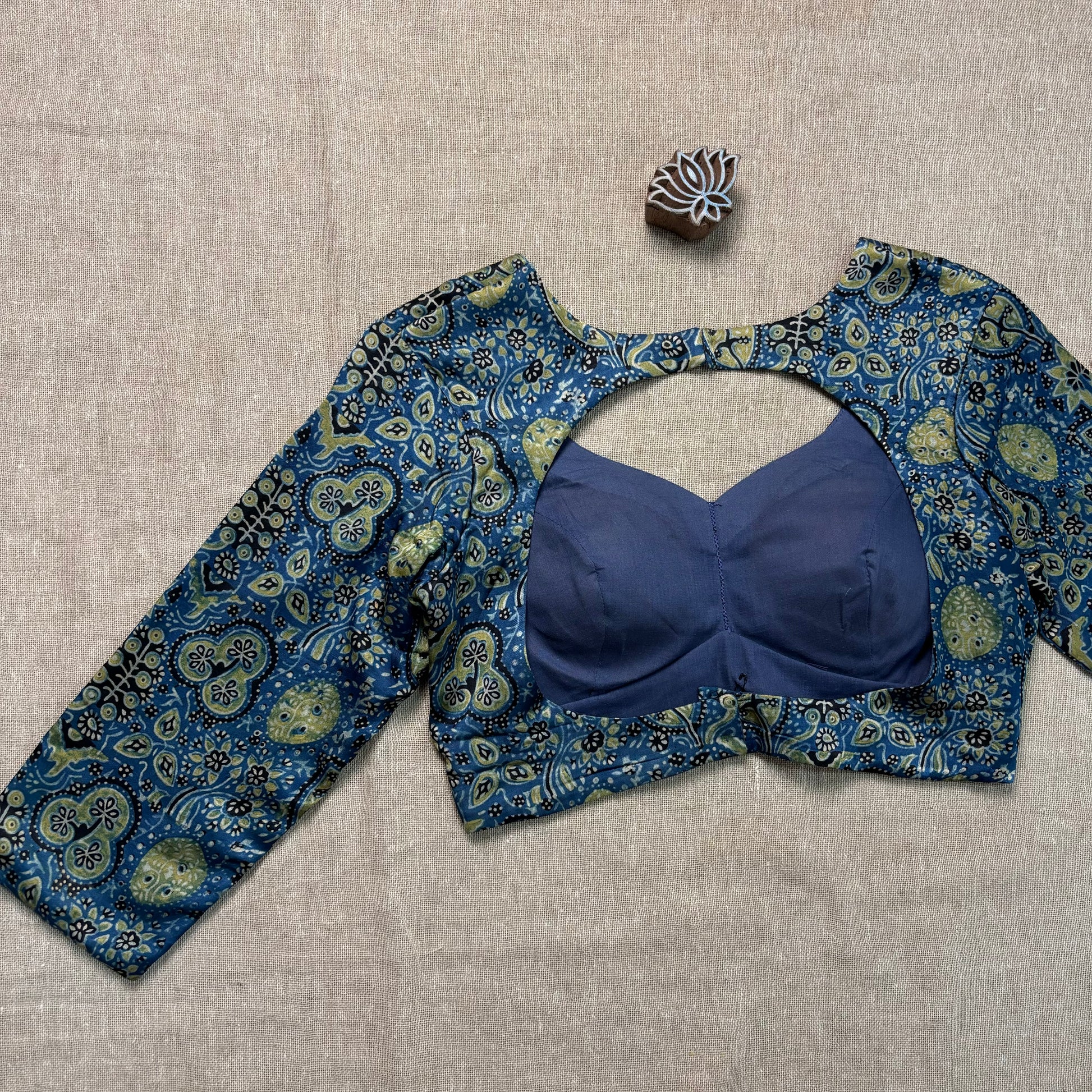 Indigo Ajrakh Modal Silk Blouse - Earthy Blocks