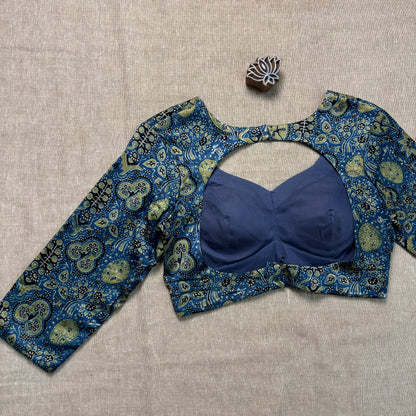 Indigo Ajrakh Modal Silk Blouse - Earthy Blocks