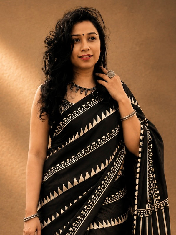 RAAT Black Ajrakh Hand Block Printed Modal Silk Saree - Earthy Blocks