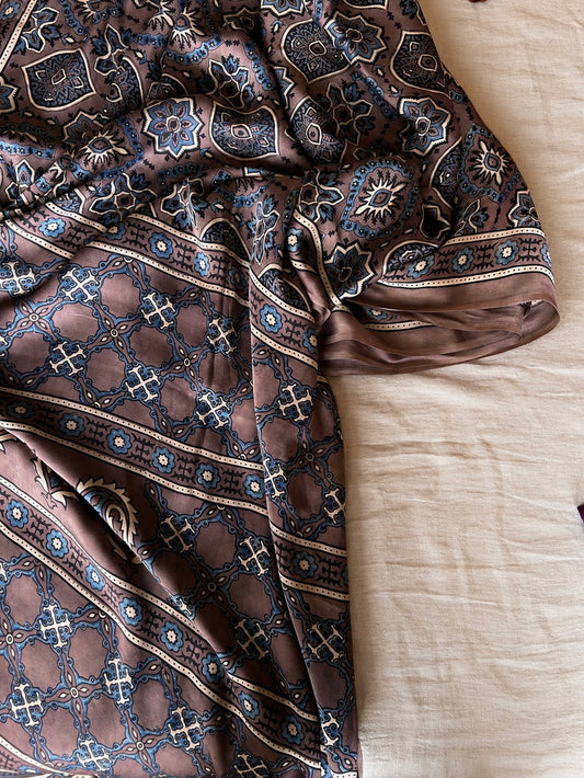 KHAAKI — Brown Ajrakh Hand Block Printed Modal Silk Saree