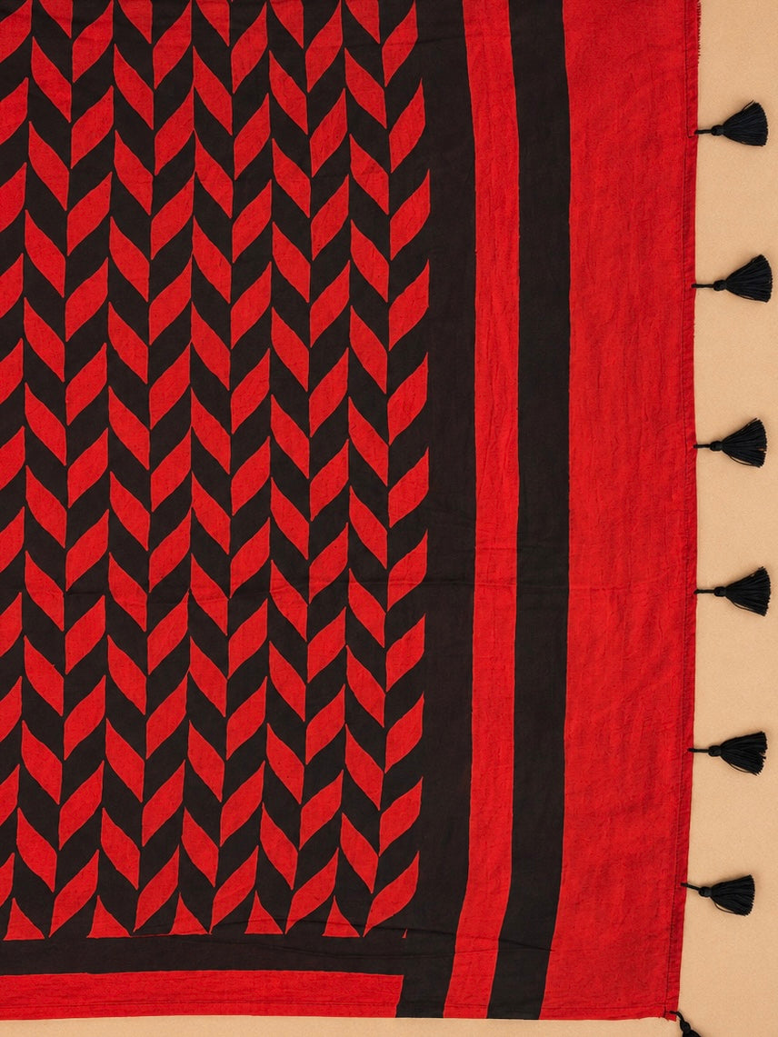 INFINITY — Red & Black Ajrakh Geometric Hand Block Printed Modal Silk Saree