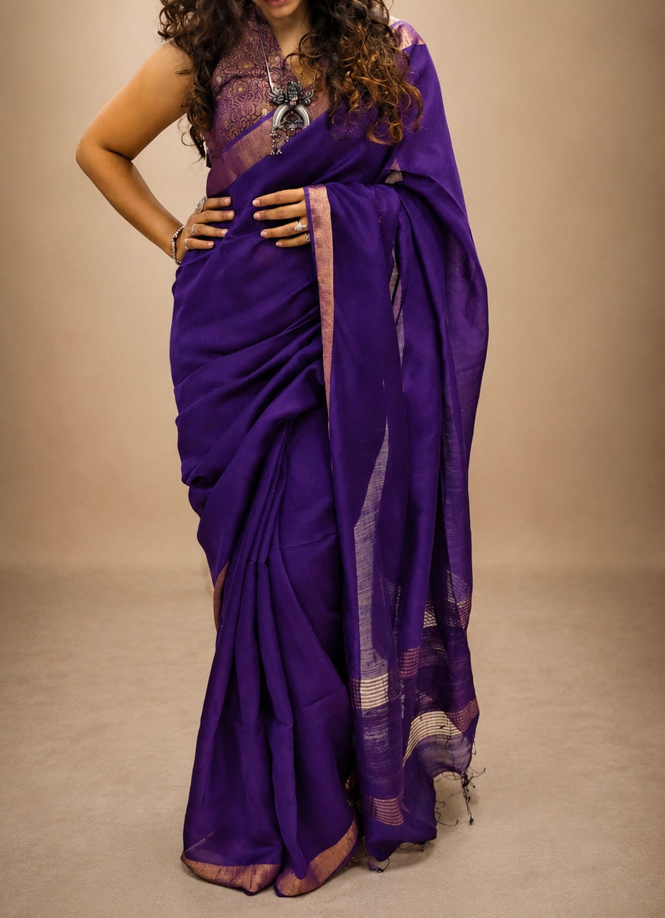 KUMUD — Deep Purple Munga Silk Saree with Gold Border & Pallu