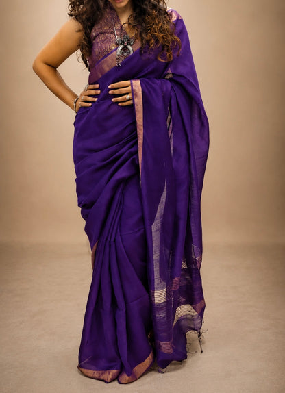 KUMUD — Deep Purple Munga Silk Saree with Gold Border & Pallu