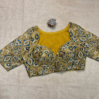 Yellow Ajrakh modal silk blouse with sleeves - Earthy Blocks