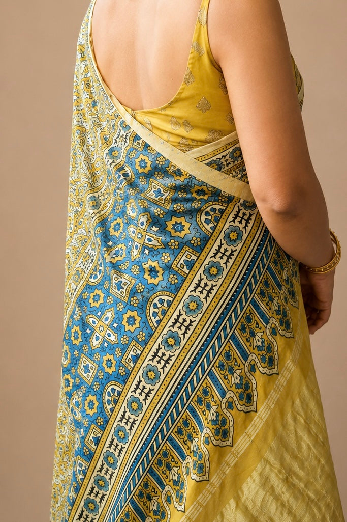 CHAANDNI Cream Ajrakh Buti Modal Silk Saree with Tissue Pallu - Earthy Blocks