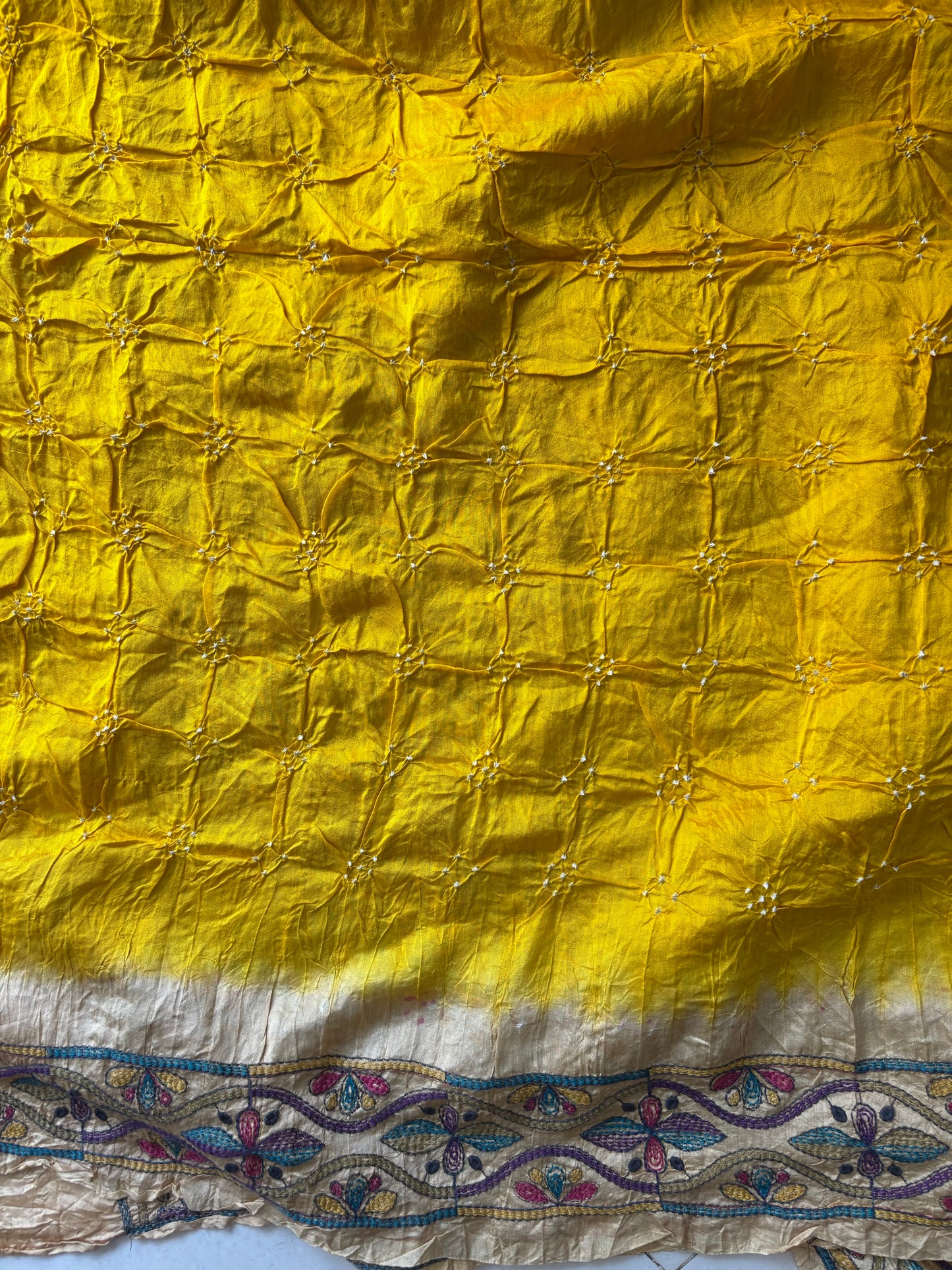 BASANT — Yellow Bandhani & Kantha Work Tussar Silk Saree
