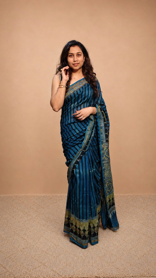NEEL REKHA — Indigo & Black Stripes Ajrakh Hand Block Printed Chanderi Silk Saree