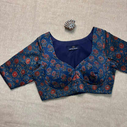 Indigo Floral Ajrakh Modal Silk Blouse - Earthy Blocks